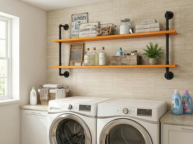 HDDFER Industrial Pipe Shelving Shelf Rustic Wood Wall Shelves Industrial Floating Shelves for Wall 48 Inch Farmhouse Bookshelf Pipe Shelves Living Room Kitchen
