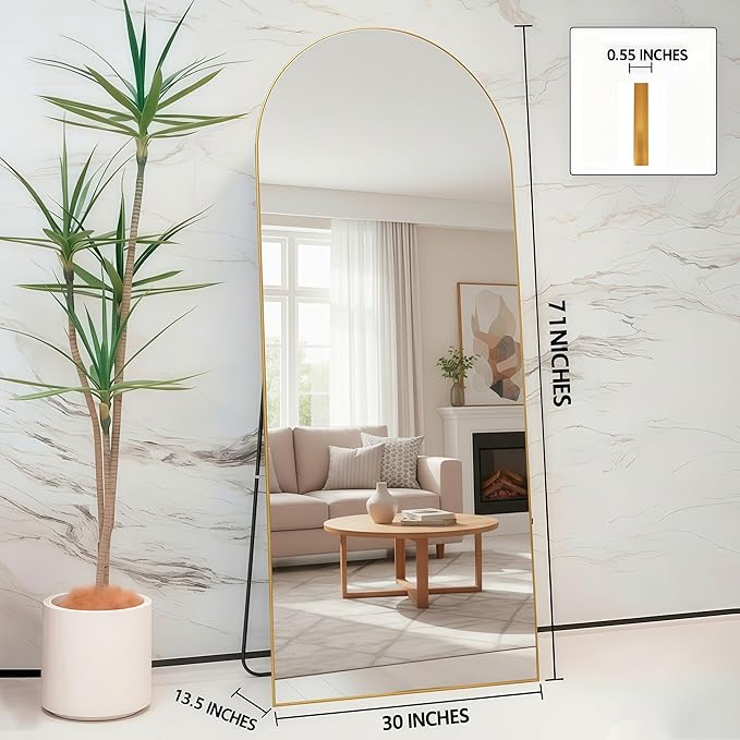 Full Length Mirror 71"x30"Arched with Stand Aluminum Alloy Frame Wall Mountable Tempered Glass Full Body Mirror, Standing Hanging or Leaning Against Wall for Bedroom and Living Room Gold