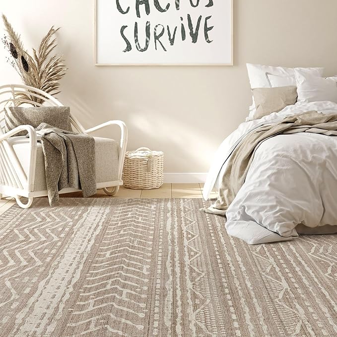 Nakagishi 8x11 Area Rugs Living Room: Washable Boho Large Neutral Soft Farmhouse Area Rugs Stain Resistant Modern Non-Slip Indoor Floor Carpet for Bedroom Nursery Kids Playroom Office-Dark Brown