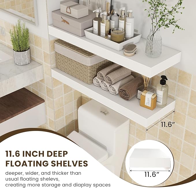FLYJOE Deep Floating Shelves | 36 Inch White Floating Shelves Set of 2 | 12 Inch Deep Rustic Wood Shelves for Wall | 36" W x 12" D White Shelves for Living Room Bathroom Laundry Room Kitchen