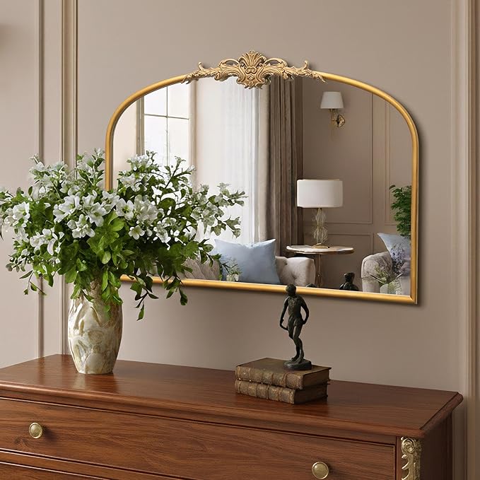 Besdomus Antique Arched Gold Mirror: 32"x24" French Large Antique Vanity Wall Mounted Mirror - Baroque Decorative Traditional Ornate for Fireplace/Bathroom/Bedroom - Wall Decor for Homemakers