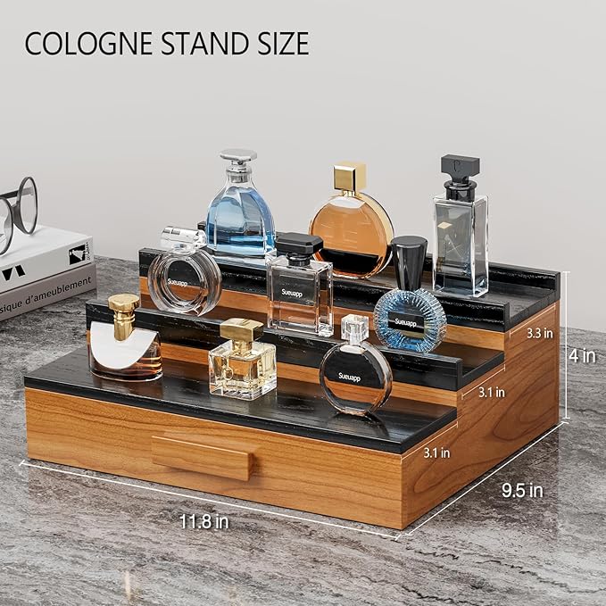 Solid Walnut Wood Cologne Organizer for Men, 3 Tier Cologne Stand Display Shelf with Hidden Compartment and Drawer, Perfume Stand Organizer, Perfume Display Holder, Great Gift for Men Father
