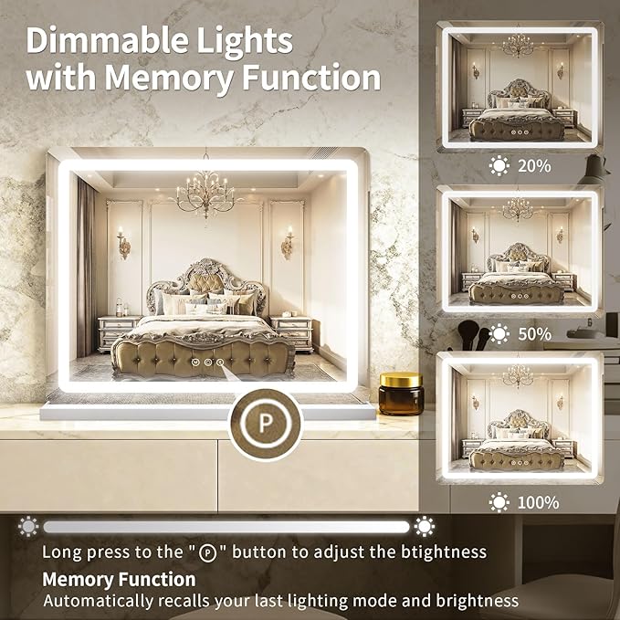 ROLOVE 23"x 18" Large Vanity Mirror with Lights, LED Makeup Mirror for Dresser and Desk, 10X Magnification, Dimmable Touch Control, Wall Mounted or Tabletop Mirror for Bedroom (White)