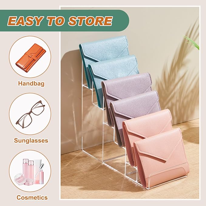 Kathfly 2 Pack 6-tier Acrylic Display Stand for Purses & Wallets, Clear Riser Organizer Shelf for Perfume, Sunglasses, Cosmetics, Multi-Tiered Countertop Vendor Display for Craft Fairs, Retail