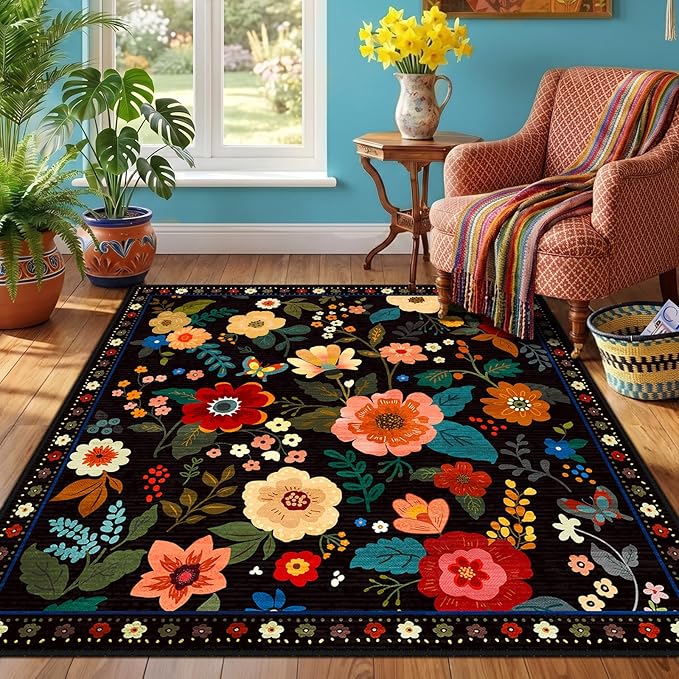 RELEANY Floral Nursery Square 5ft Area Rugs Washable Print Boho Cute Carpet Non Slip Flower Low Pile for Living Room Kids Girls Playroom Bedroom Kitchen Office Farmhouse-Black