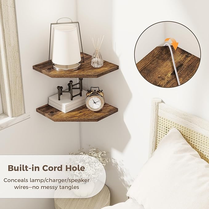 Corner Shelves 2-Pack for Bathroom & Kitchen, Space-Saving Floating Corner Wall Shelf with Easy Installation- Brown