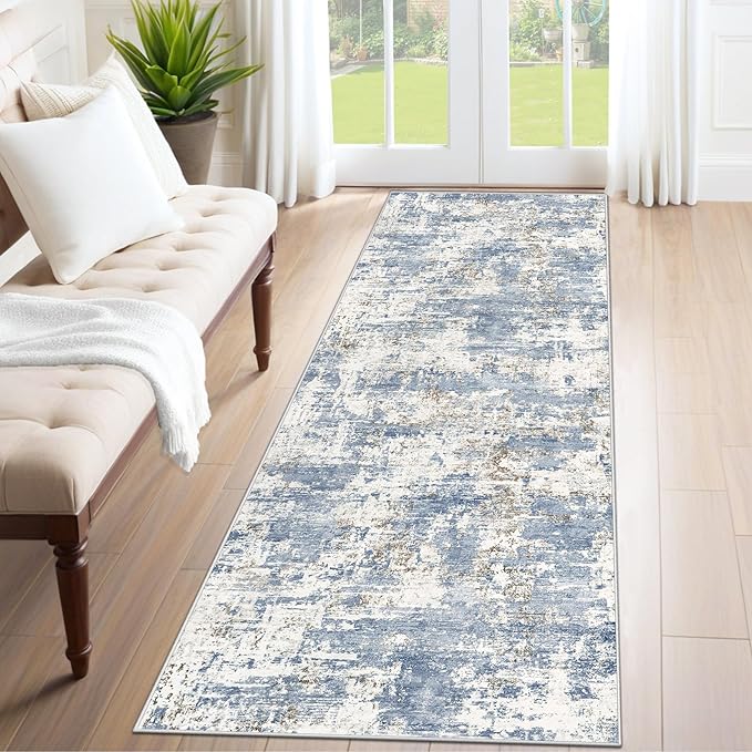XLUEZ 2x7 Runner Rug for Hallway, Washable Modern Abstract Runner Rugs Neutral Soft Non Slip Kids Rug Stain Resistant Indoor Runners for Hallways Entryway Bedroom Kitchen Laundry Room(Blue, 2'x7')