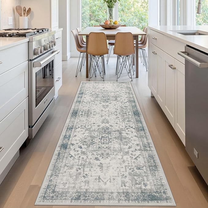 Rugxara 2x6 Washable Runner Rug, Non Slip Boho Runner Rugs for Hallway, Kitchen, Entrance, Bathroom, Laundry Room, Soft Ultra-Thin Entryway Carpet, Throw Low Pile Retro Imitation Carpet, Blue Grey