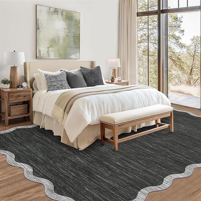 GarveeHome Scalloped Washable Rug 5x7 Area Rug for Living Room Modern Non Slip Throw Rugs Bedroom Rugs Low Pile Soft Non Shedding Stain Resistant Carpet for Dining Room Nursery 5 ft x7 ft Black