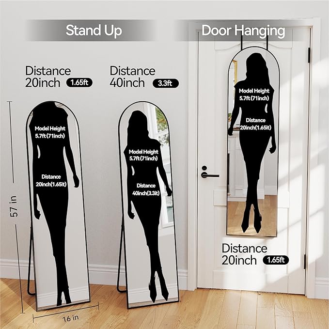 SCWF-GZ 57x16 Door Hanging Full Length Mirror, Floor Stand (Height 5.7ft just Body in1.3ft) / Wall Mounted Metal Frame Arch Dressing Mirrors for Bedroom Living Room 57 inch Black