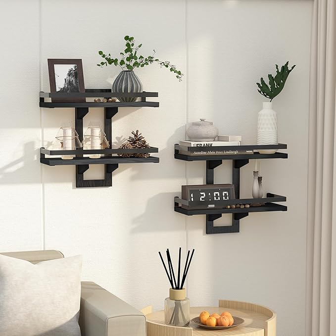 Floating Shelves for Wall, 2-Tier Wood Hanging Decor Storage Shelves, Wall Mounted Floating Shelf for Living Room, Bedroom, Bathroom,Kitchen, Office, Study (2-Pack Black)