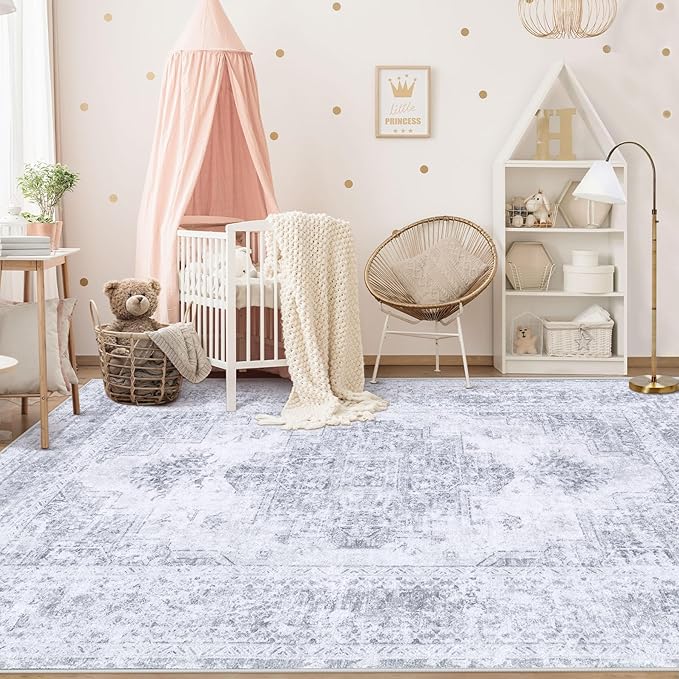 XLUEZ Area Rug 6x9 Living Room Rug, Machine Washable Vintage Distressed Medallion Rug Non-Slip Soft Low Pile Large Indoor Rugs for Bedroom Kitchen Dining Room Office(LightGrey,6'x9')