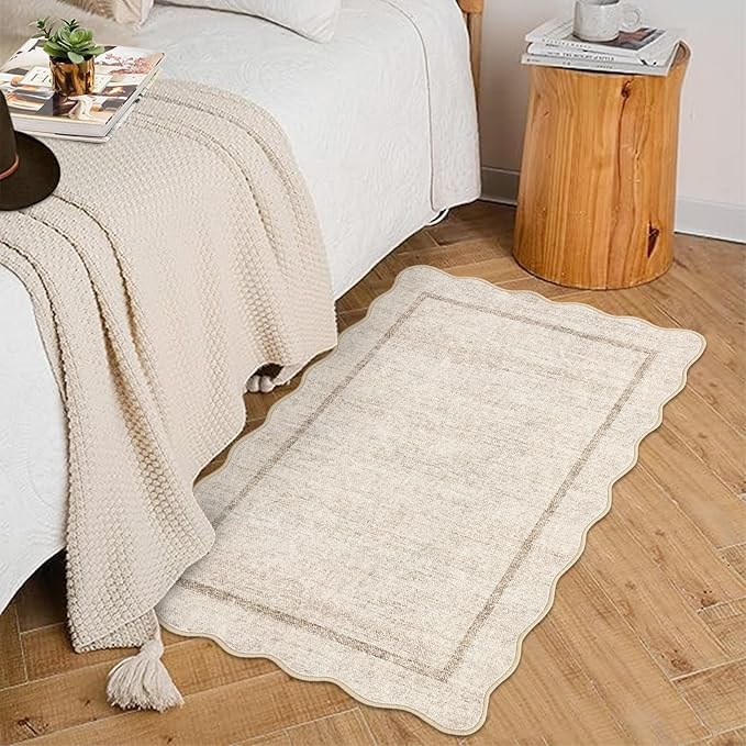GarveeHome Scalloped Washable Rug, 2x3 Kitchen Rugs for Entryway Bathroom, Soft Door Mat Indoor Entrance Ultra-Thin, Small Non-Slip Throw Carpet for Bedroom Entry Laundry, Beige
