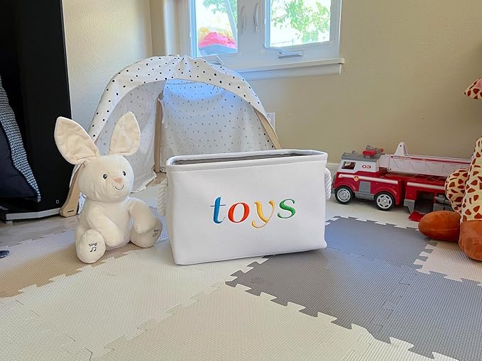 APPLE PIE ORDER Nursery basket, Storage & organizer Bin for Baby, Diapers, Wipes, Books, Toys. White Canvas fabric Decorative Box with Embroidering. (Toys - colorful, Medium)