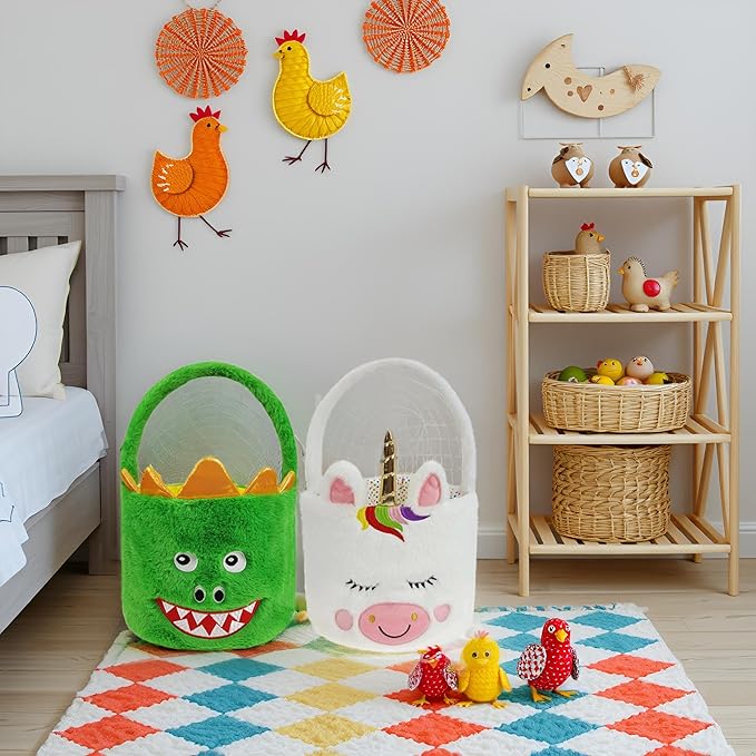 DearSun Set of 2pcs, Easter Basket Adorable Unicorn & Dinosaur Plush Baskets, Easter Egg Hunting Basket for Kids Gifts Party Decoration Supplies, Dia 8" * H 15.7"