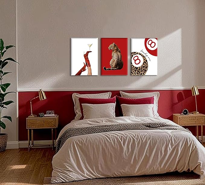 3Pcs Trendy Leopard Wall Art Preppy Funky Red Boot Martini 8 Ball Wall Decor Pictures Vintage Feminism Aesthetic Cheetah Canvas Poster Prints for Girly Bedroom Apartment Dorm Decoration 16X24