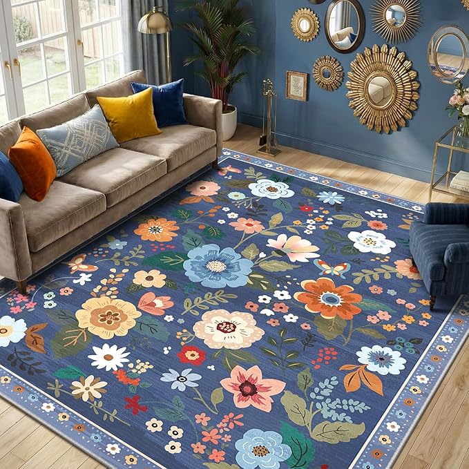 RELEANY Floral Nursery 8x10 Area Rugs Washable Print Boho Cute Carpet Non Slip Flower Low Pile for Living Room Kids Girls Playroom Bedroom Kitchen Office Farmhouse-Blue/Grey