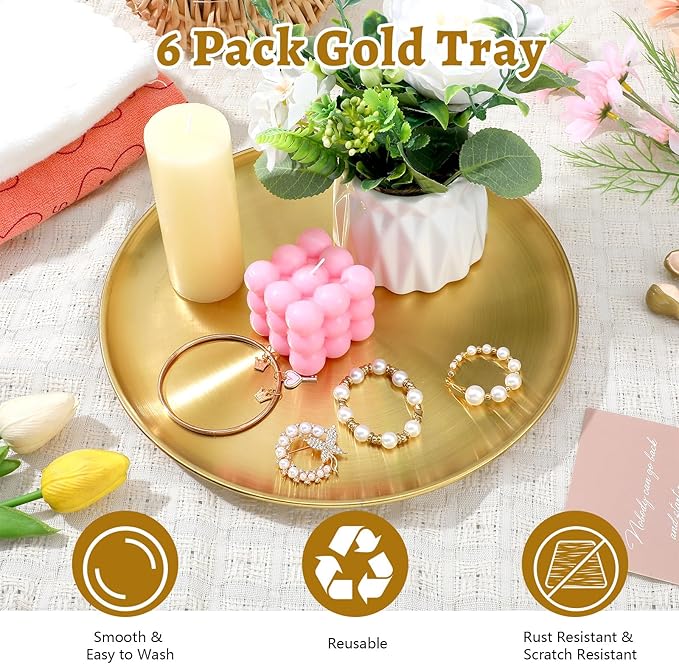 6 Pack Gold Tray Decorative Serving Decorative Gold Jewelry Bar Jewelry Dish Key Bowl Mirror Dresser Vanity Tray Makeup Organizer for Bathroom Candle Perfume Countertop(12 Inch)