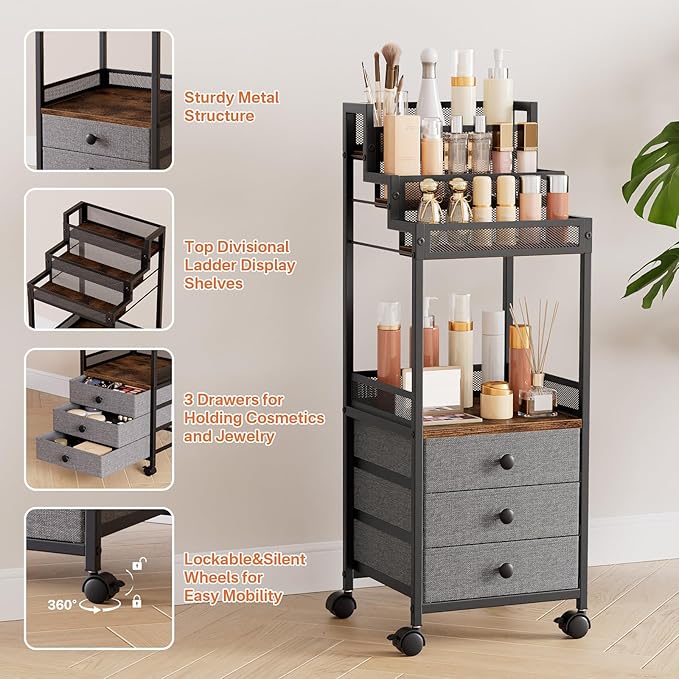 Display Riser Stand Perfume Cologne Organizer, Rolling Makeup Storage Cart with Fabric Drawers, Floor Vanity Cosmetics Display Cases for Skin Care Nail Polish Figures Rustic Brown Ladder Stand