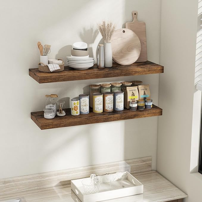 Fun Memories 12 Inch Deep Floating Shelves, 40 x 12 Floating Shelves for Wall Set of 2, Extra Deeper Hanging Wood Wall Shelves for Bedroom, Living Room, Kitchen, Rustin Brown
