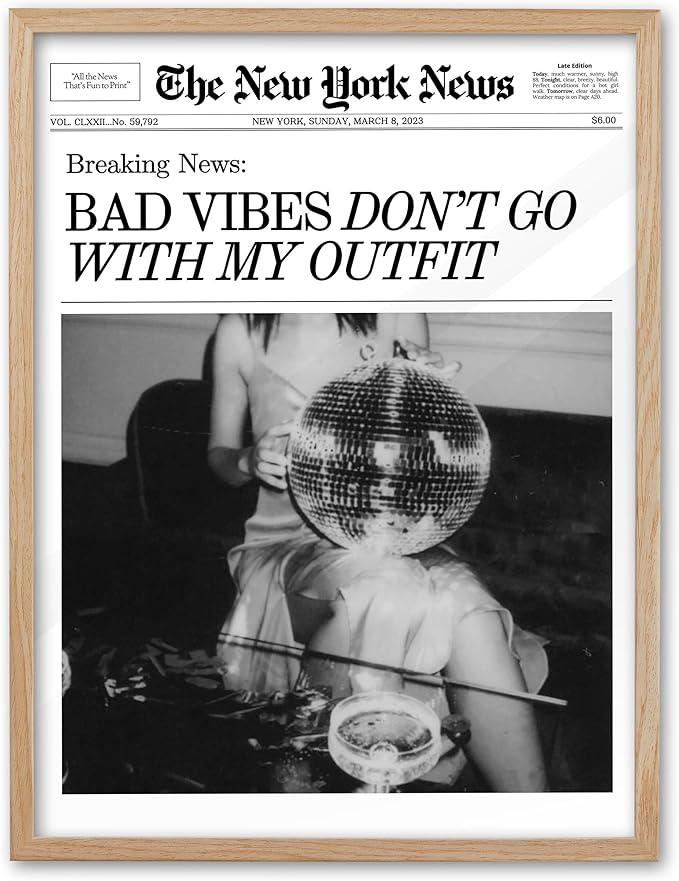 EcoHest Small Trendy Newspaper Magazine Framed Wall Art, 8x10 in OAK Wood Bad Vibes Don't Go With My Outfit Disco Bar Canvas Wall Art, Preppy Retro Home Decor For Bedroom Living Room 1Pack