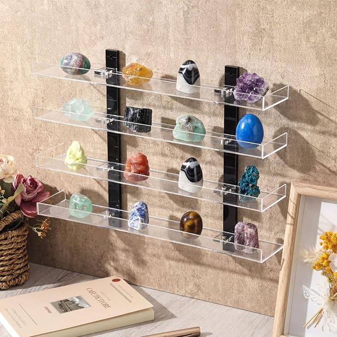 Novabright 4 Layer Rock Display Shelves Clear Acrylic Floating Shelves Wall Organizer for Stone Collection 15" Rock Display Stand for Stone Minerals Gemstones Crafts Figure Perfume for Living Room