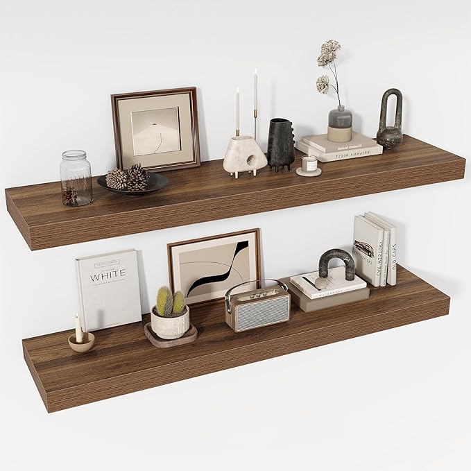 Acovy 48 Inch Floating Shelves, 12" Deep Floating Shelf Wall Mounted, 48" Wall Shelves, Rustic Deep Bookshelf, Extra Deeper & Thicker Display Shelves for Bedroom, Living Room, Walnut, Set of 2