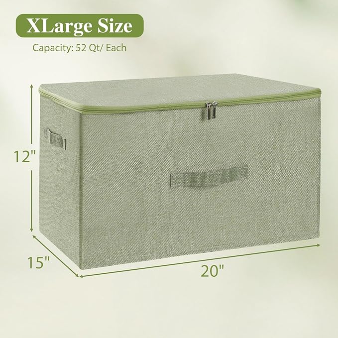 ANMINY 3PCS Storage Bins with Zipper Lids 51.9 Qt Lidded Fabric Storage Boxes Baskets Cubes with Handles Collapsible Washable Cotton Linen Closet Shelf Clothes Organizer - Green, Extra Large