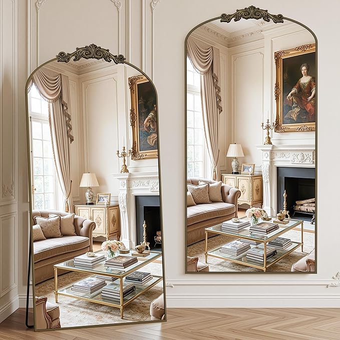 Vintage Full Length Mirror,78"x38" Arched Antique Floor Mirror with Carved Metal Frame,Large Standing Wall Mounted or Leaning Mirror for Bedroom Living Room Entryway,Bronze