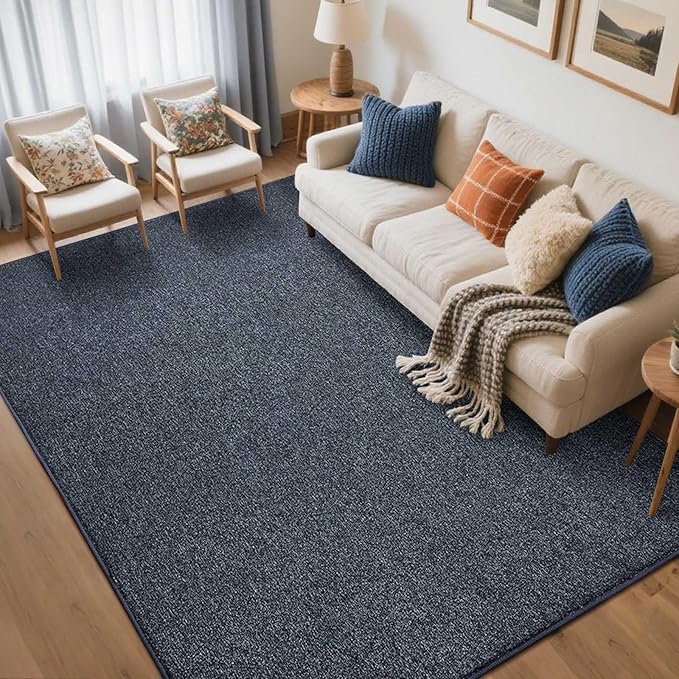 FinRèc Low Pile 5x7 Washable Area Rugs for Bedroom Living Room, Thin Rug Solid Color, Non-Slip Carpet Indoor for Home Decor (Navy Blue/White)