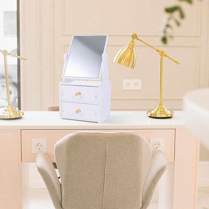 OSALADI Desktop PVC Makeup Mirror with Non-Skid Storage Box and Dual Drawers, Vanity Table Cosmetic Organizer for Bedroom and Travel Use