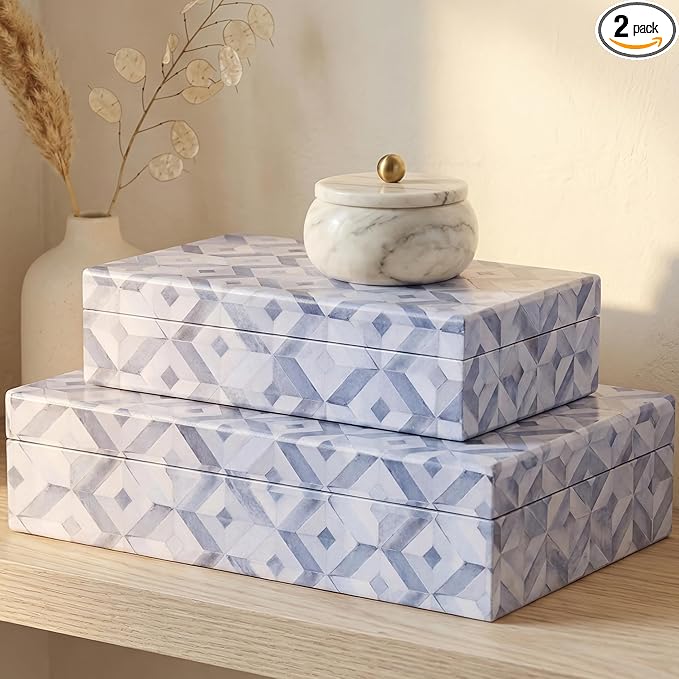ZICOTO Decorative Storage Boxes with Lids - Set of 2 Beautiful Organizer Bins for Your Bookshelf Home Decor - Safely Store Photos, Documents and Memory Box Keepsakes on Your Shelves in Style
