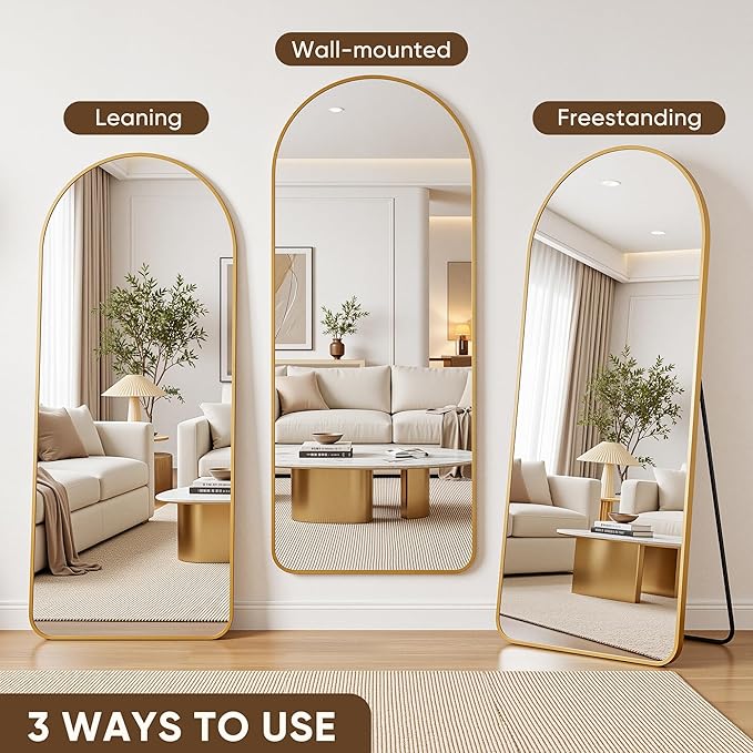 Antok Full Length Mirror, 56"x15" Floor Mirror with Stand, Hanging Mounted Mirrors for Bedroom, Living Room, Cloakroom, Dining Room, Gold, Arch