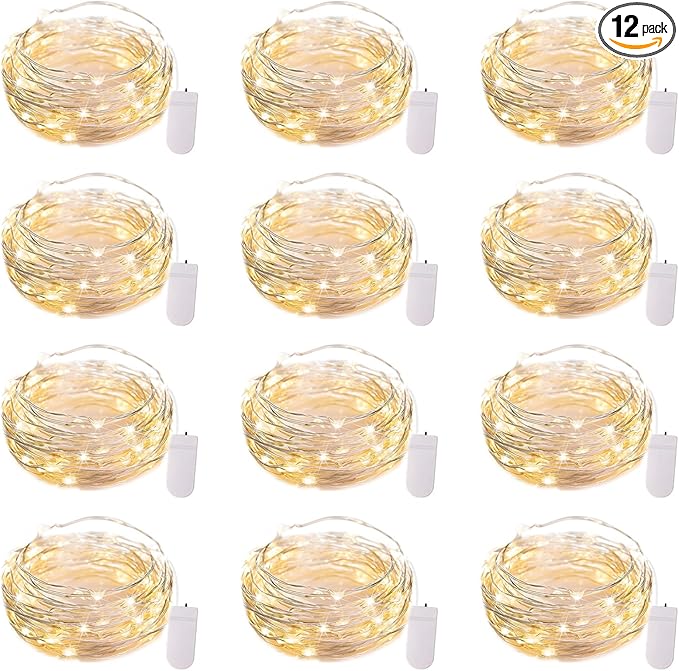 Brightown 12 Pack LED Fairy Lights Battery Operated String Lights - 7ft 20LED Waterproof Silver Wire Firefly Starry Moon Lights for DIY Crafts Wedding Table Centerpieces Party Ramadan Decorations