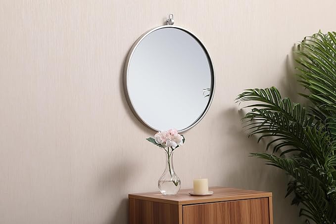 Brilliance, Metal Frame Round Mirror with Decorative Hook 18 Inch in Silver, Midcentury Modern, Silver