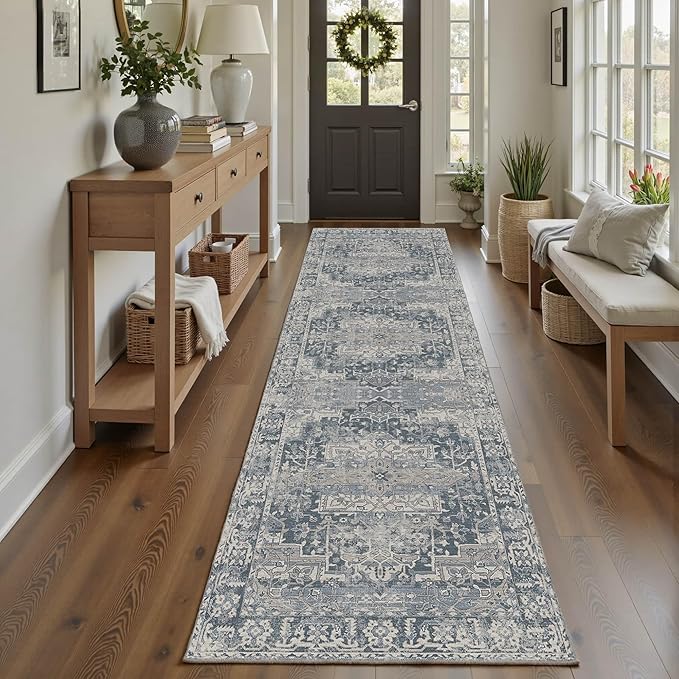 Rugxara 2'6''x8' Runner Rug, Washable Kitchen Rugs, Blue Boho Vintage Floral Hallway Runner, Non Slip Low Pile Area Rug Carpet for Hallway, Kitchen, Laundry Room and Bathroom(Blue 2.6x8ft)