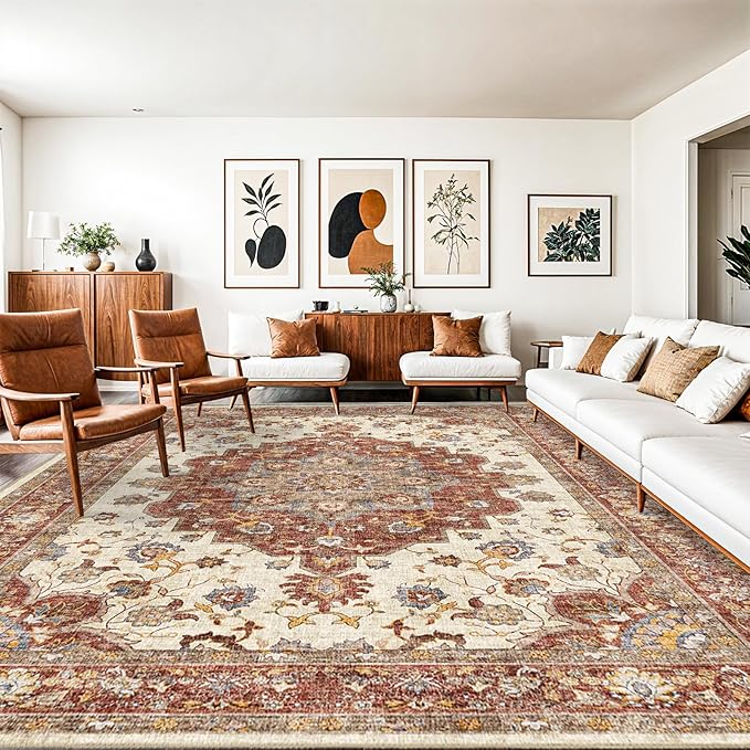 TOPRUUG Washable Oriental Area Rug - 10x14 Rugs for Living Room Soft Carpet for Bedroom Waterproof Floral Distressed Indoor Stain Resistant Non-Shedding Floor Carpets (Red, 10X14)