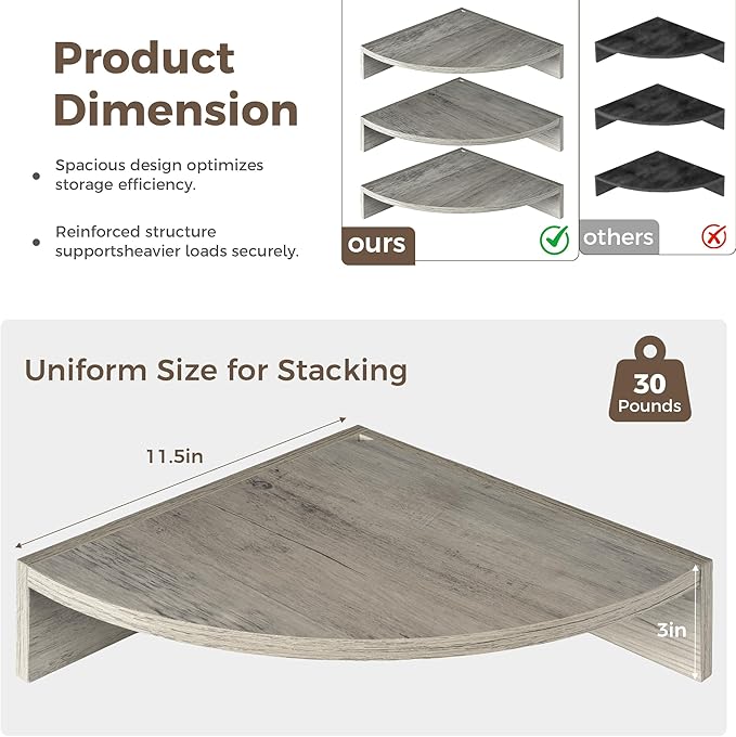 Corner Shelves 3-Pack for Bathroom & Kitchen, Space-Saving Floating Corner Wall Shelf with Easy Installation- Grey