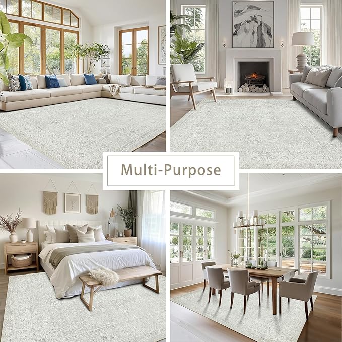 Srugn Washable Rugs 6x9 Area Rugs for Living Room,Bedroom,Large Carpets,Ultra Soft Faux Wool Retro Dining Room Rug,Non Slip&Non-Shedding Low Pile Vintage Rugs for Home Office,Concrete Grey