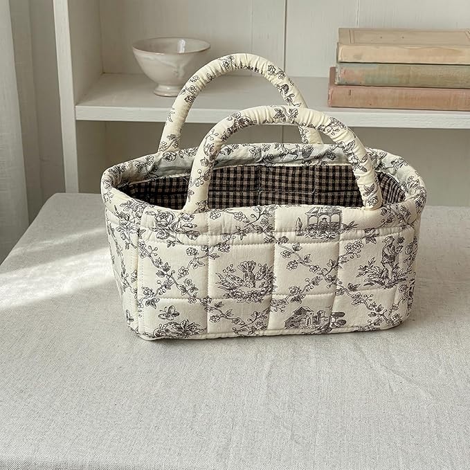 2Pcs Mini Fabric Storage Baskets – Decorative Small Floral Organizer Boxes with Soft Handles, Holds Cosmetics, Jewelry, Socks