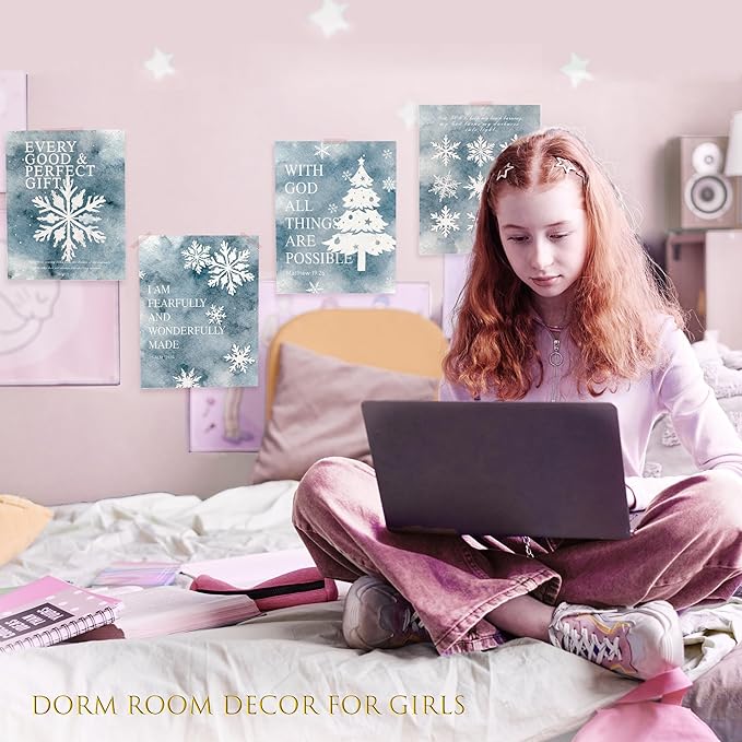 LARTSFRO Christmas Winter Gifts Wall Art Decor Posters, Christmas Snowflakes Christian Room Bathroom Bedroom Dorm Wall Art Decor Aesthetic for College Teen Girls Gifts, Inspirational Bible Verses Winter Wall Decor, 10x8 Inch Set of 4 Pcs Christmas Pict...