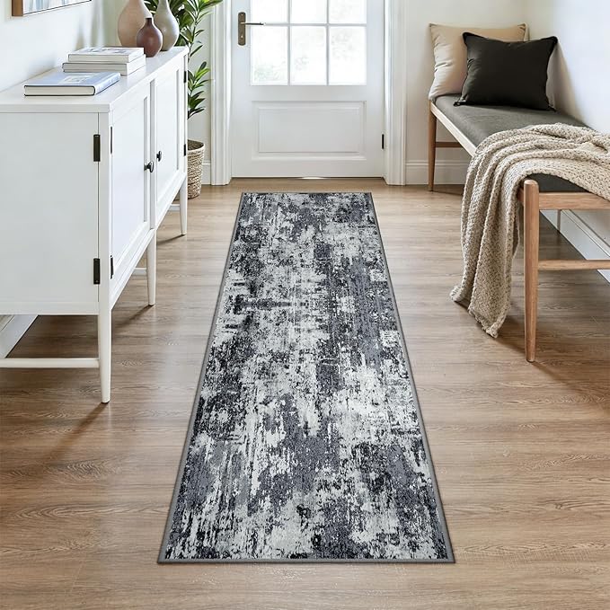 RELEANY Washable Area Rugs 2x7 Non-Slip Modern Abstract Soft for Living Room Entryway Bedroom Nursery, Print Pattern, Black Navy Blue Gray
