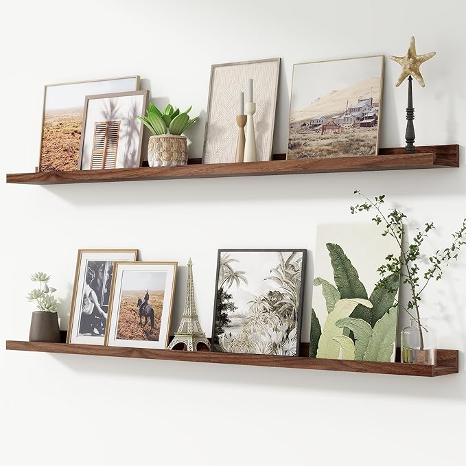FLYJOE Picture Ledge Shelf, Floating Shelves Set of 2, 52 Inches Nursery Book Shelves for Toys Storage, Kids Bookshelf Wall Mounted for Living Room Bedroom Decor Books Photo Frames, Walnut