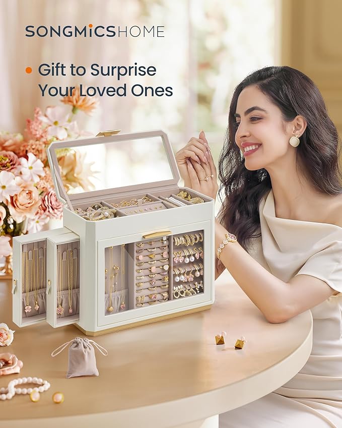 SONGMICS HOME Large Jewelry Box, Vertical Jewelry Organizer with Glass Windows, Jewelry Pouch, 4 Side Drawers, Woven Embossed PU Leather, Gift Idea, Cloud White UJBC203W01