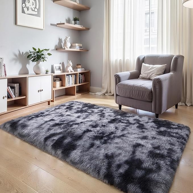 KICHOWUA Thick Area Rug 5x7 Dark Grey Fluffy Shag for Bedroom, Extra Soft Plush Fuzzy Washable Thickened Non-Slip Carpet, Modern Furry Shaggy Rug for Living Room Kids Nursery Dorm Room, Tie-Dye Gray