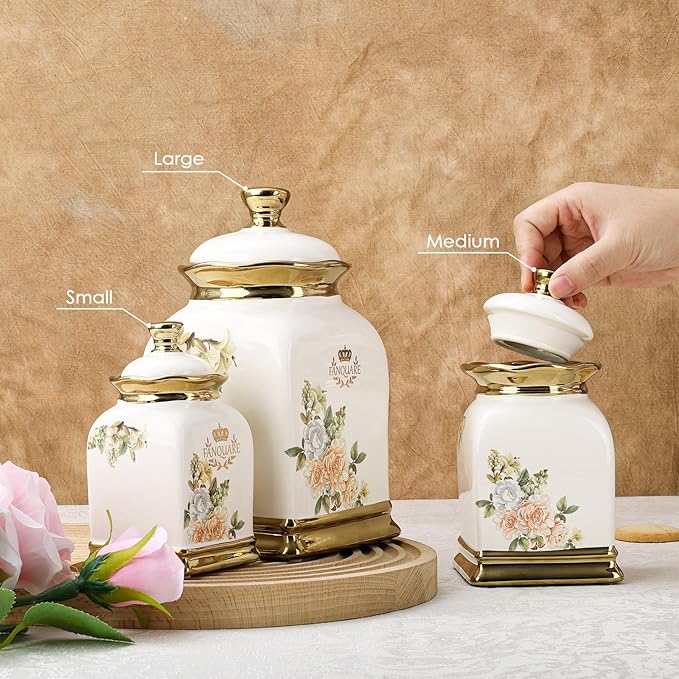 fanquare Floral Canisters with Gold Trim, Ceramic Decorative Countertop Jars, Farmhouse Porcelain Cookie Jar and Sugar Bowl Set with Airtight Lid