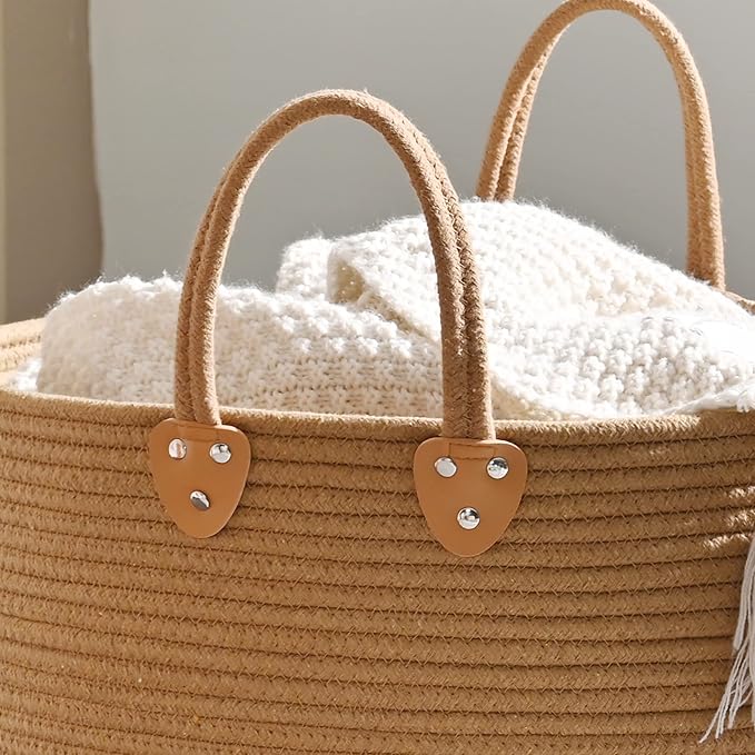 KAKAMAY Large Blanket Basket (18"x18"x16"),Woven Baby Laundry Hamper for Storage, Cotton Rope Blankets Baskets for Nursery, Laundry, Living Room, Pillows, Baby Toy chest with Handles (Brown)