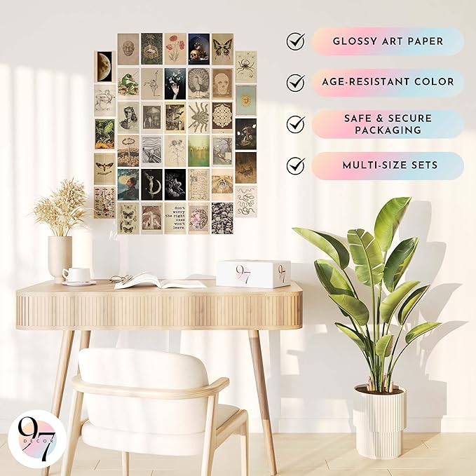 97 Decor Vintage Posters for Room Aesthetic - 40pcs Vintage Art Wall Collage Kit, Fairycore Room Decor, Witch Goblincore Pictures Cottagecore Posters for Teen College Dorm Bedroom Decoration (4"x6")
