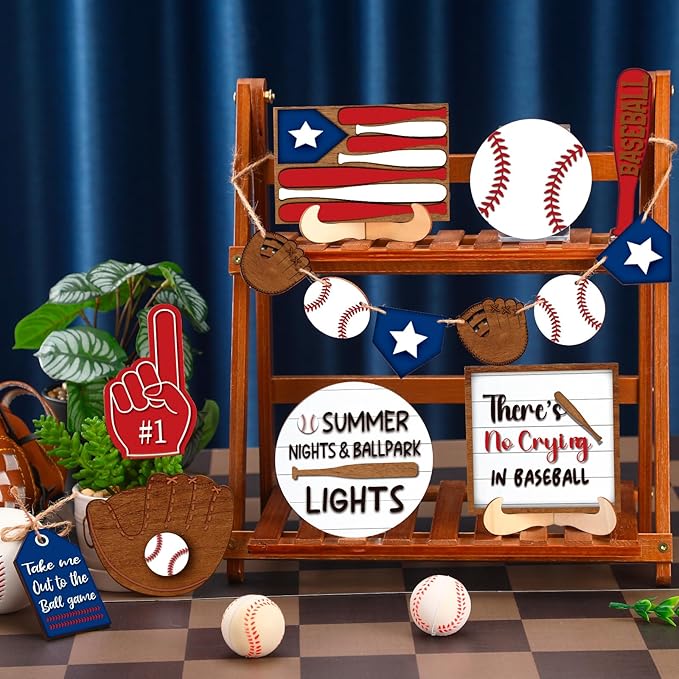 FairySandy 13 Pcs Baseball Tiered Tray Decor Wooden Baseball Table Centerpieces Decor Rustic Wooden Sport Game Sign for Fans Theme Party Supplies