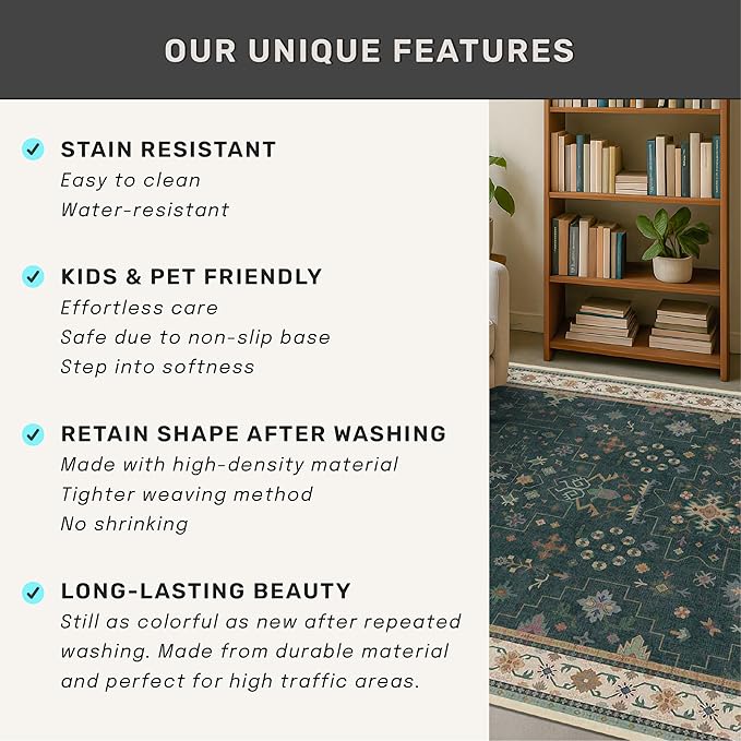 Hazo Haus Dark Green Oushak 5x7 Living Room Rug - Modern Vintage Boho Eclectic Floral Pastel, Washable Low Pile Non-Slip Large Area Rugs for Nursery Dining Under Table Bedroom Lounge